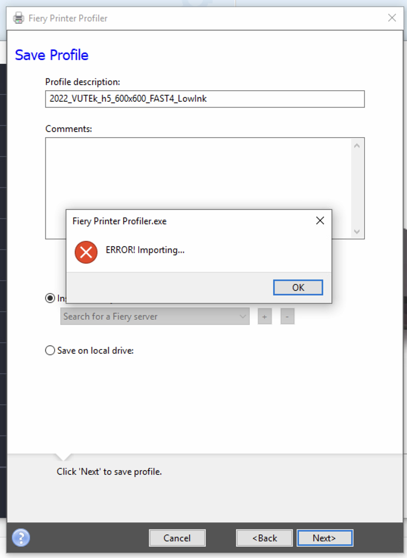 Create profile from Measurement, Install on Fiery Server will result in ...