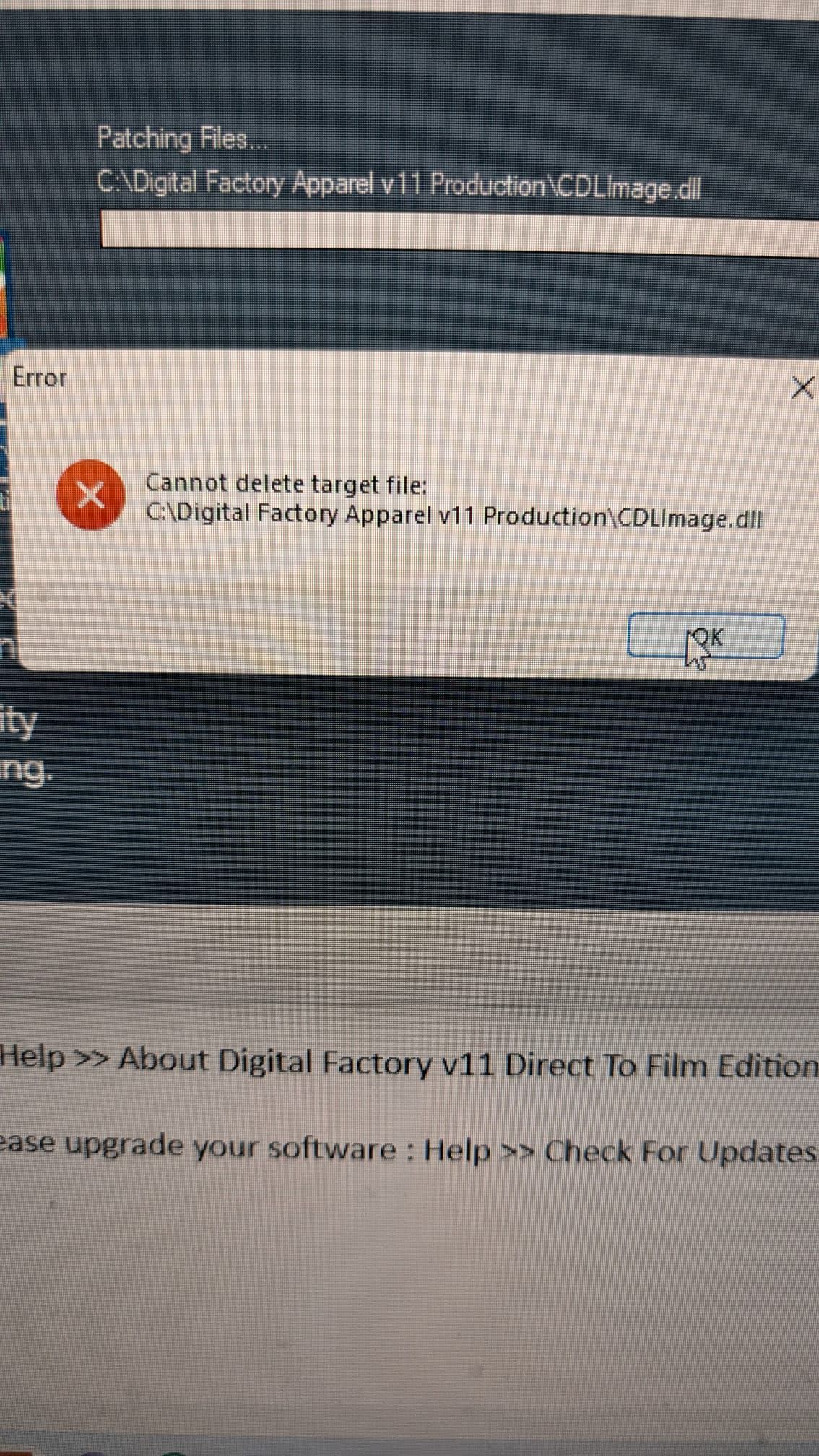 Digital Factory update failed with error: "Cannot delete target file: C ...