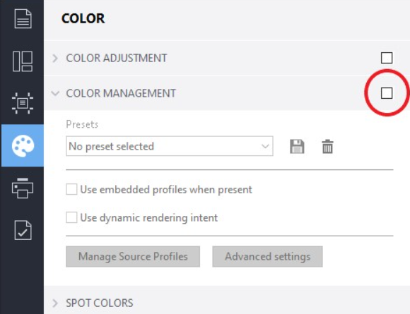 How to deactivate color management in Fiery XF