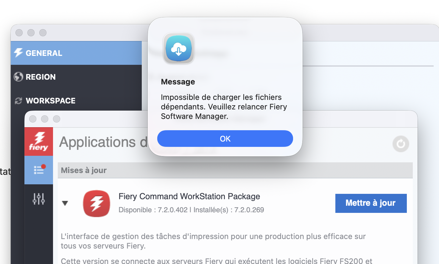 Fiery Software Manager : Unable to load dependent files. Please restart ...