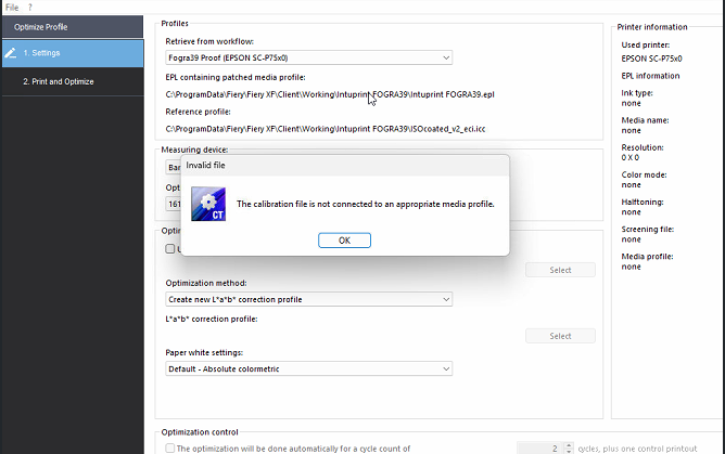 Error during Optimisation in Color Tools: The Calibration File is not ...