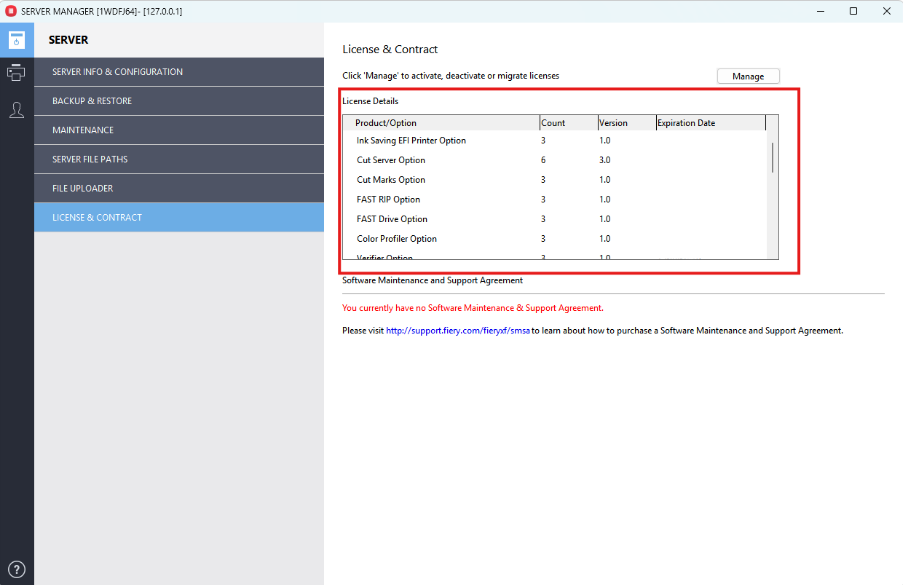 How can I find my Fiery XF Licenses and SMSA Details